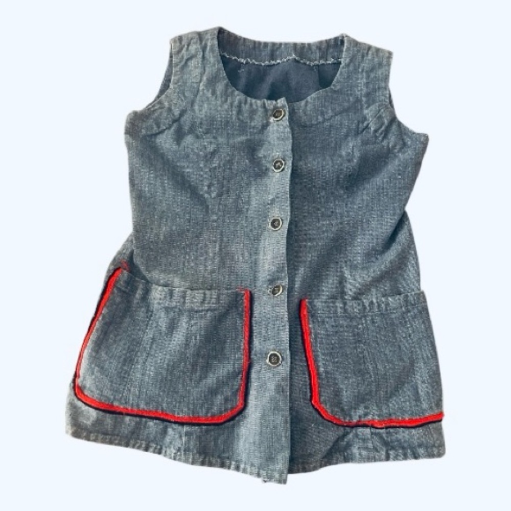 Vintage 70s blue button up vest red trim front pockets Handmade Small